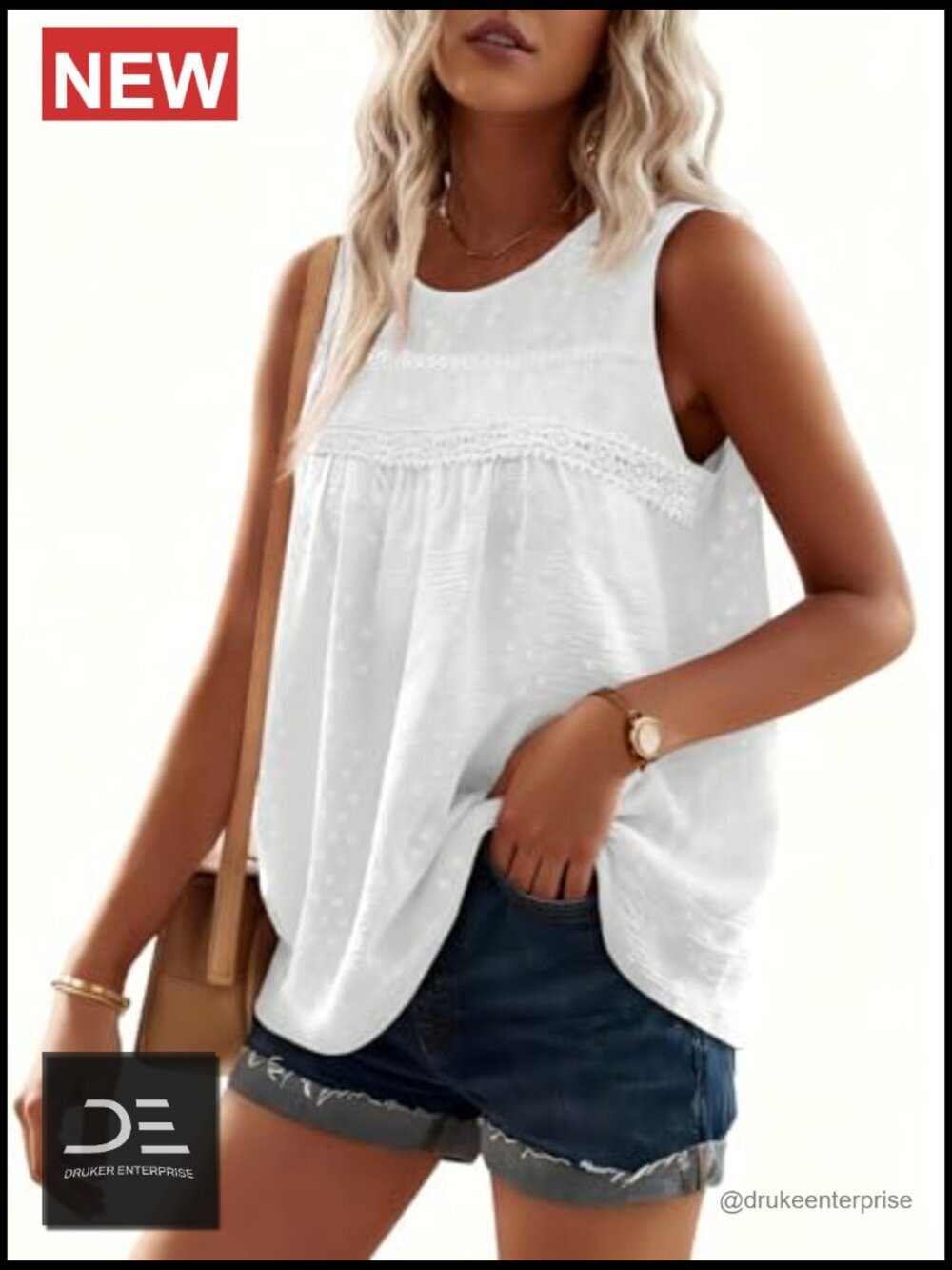 Women's Loose Fit Sleeveless Crew Neck Camisole Swiss Dots Tank Top - Picture 4 of 7